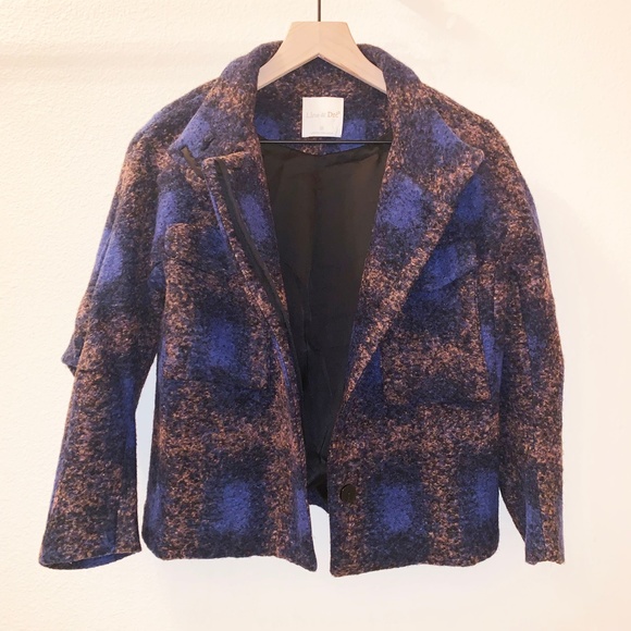 Line & Dot Navy Brown Plaid Pattern Wool Jacket - Picture 1 of 6